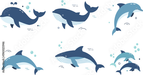 Whale and Dolphin Cartoon Collection in Flat Style Featuring Marine Mammals with Different Poses for Ocean Wildlife Design and Underwater Illustration Projects.