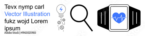 Technology, healthcare, innovation, digital research, fitness monitoring, and diagnostics. Magnifying glass, smartwatch with a heart pulse and innovation-themed icons. Technology and healthcare