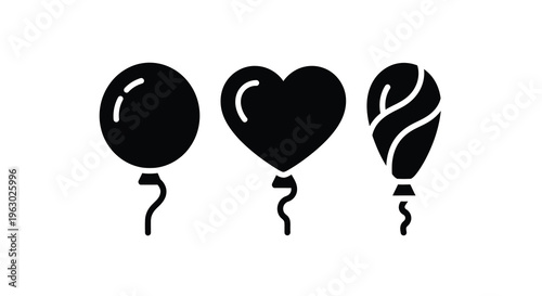 Three black balloons a circle heart and swirl silhouette