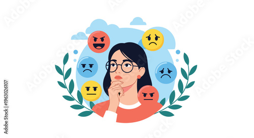Young woman wearing glasses looking thoughtful while surrounded by floating emoticons representing different human feelings.