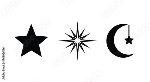 Three celestial shapes a star burst and crescent silhouette