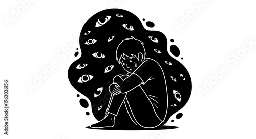 A young boy sits huddled in fear surrounded by watchful eyes.