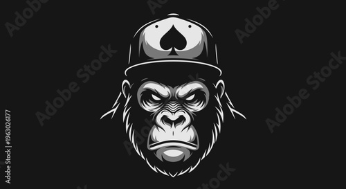 Angry Gorilla Wearing Baseball Cap with Ace of Spades.