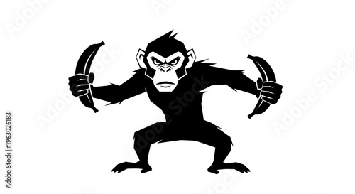Angry Monkey Holding Bananas Silhouette.