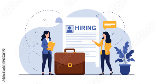 Recruitment process concept showing female HR managers discussing a job application form next to a large leather briefcase.