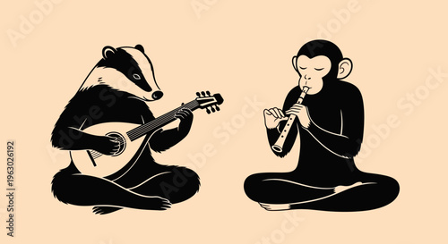 Badger and Monkey Playing Musical Instruments Together.