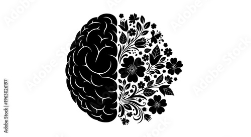 Artistic Representation of Human Brain Merging with Natures Floral Beauty.