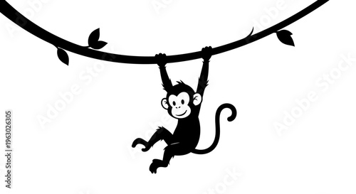 Cute cartoon monkey hanging from a tree branch silhouette.