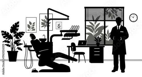 Dentist and Patient in Modern Dental Clinic Silhouette.