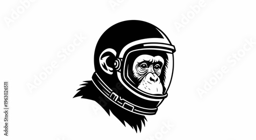 Chimpanzee astronaut wearing a retro space helmet.