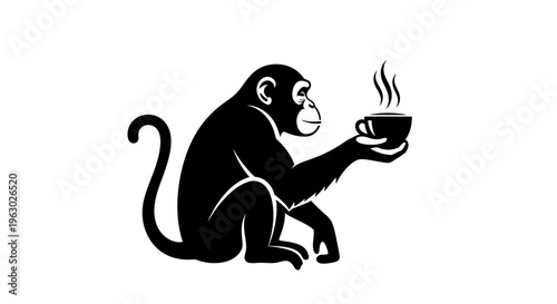 Chimpanzee holding a steaming cup of coffee in silhouette.