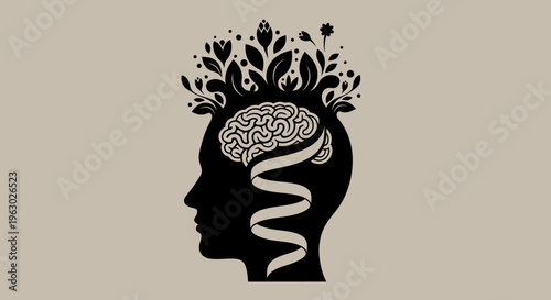 Silhouette of a human head with brain and DNA symbolizing growth and knowledge.