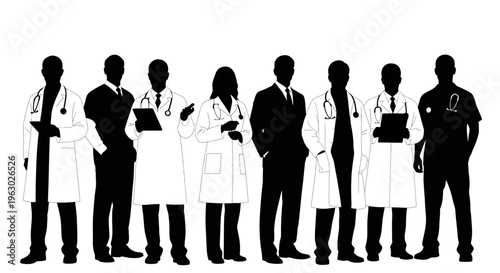 Diverse group of medical professionals standing together in silhouette.