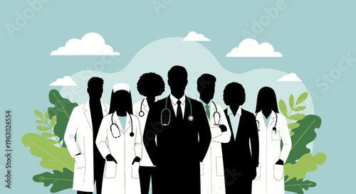 Diverse group of medical professionals standing together united.