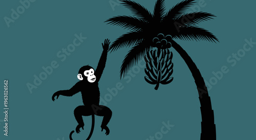 Monkey Climbing Palm Tree Reaching for Bananas.