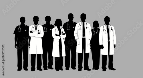 Diverse Group of Medical Professionals Standing Together Silhouetted.