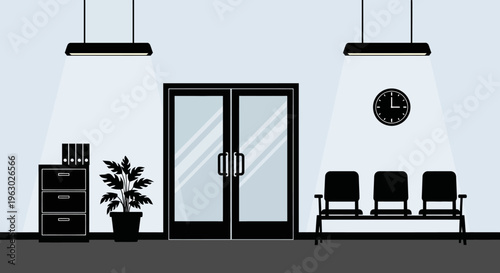 Modern Office Waiting Area with Double Doors and Seating.