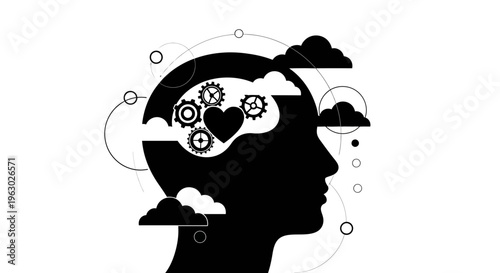 Silhouette of a Human Head with Gears and Heart Inside.