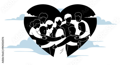 Diverse group of people embracing within a heart shape.