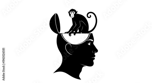 Monkey Mind Concept Silhouette Human Head Open Brain.