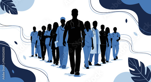 Diverse group of medical professionals standing together united.