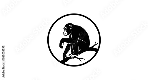 Chimpanzee Sitting On Tree Branch Inside Circle Logo.