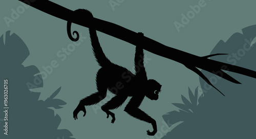 Silhouette of a monkey hanging from a tree branch.