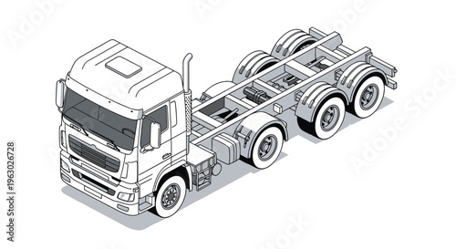 Technical illustration of a heavy duty truck chassis from an isometric perspective showing wheels and structural frame.