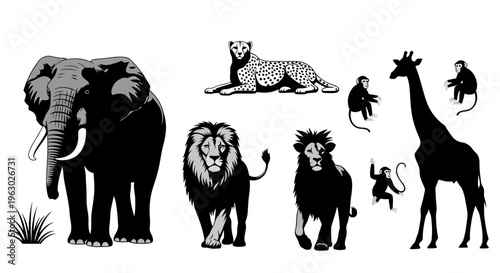 Collection of African Wildlife Silhouettes Including Elephant Lion Giraffe and Monkeys.
