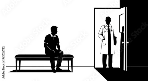 Patient waiting for doctor in clinic hallway.