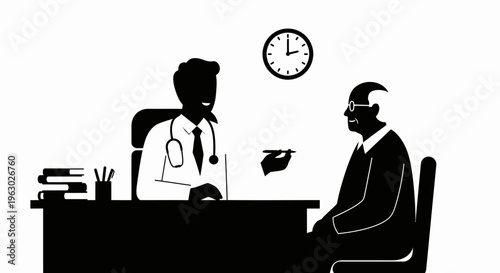 Doctor and patient in consultation room discussing health matters.