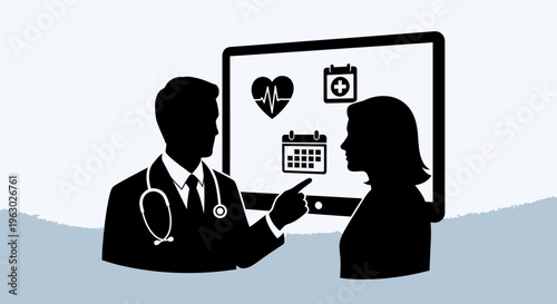 Doctor and patient discussing medical information on computer screen.