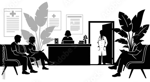 People waiting in a doctors office reception area.