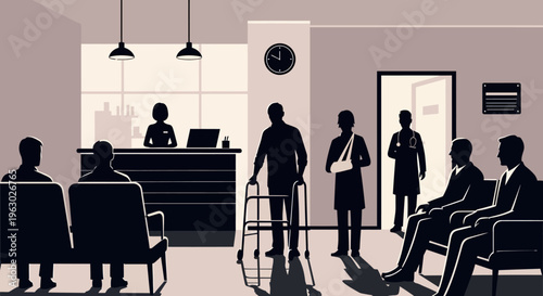 People waiting in a medical clinic reception area.