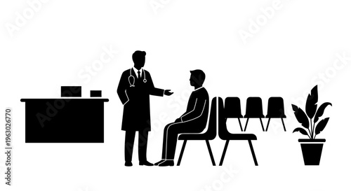 Doctor Consulting Patient in Medical Office Waiting Room.