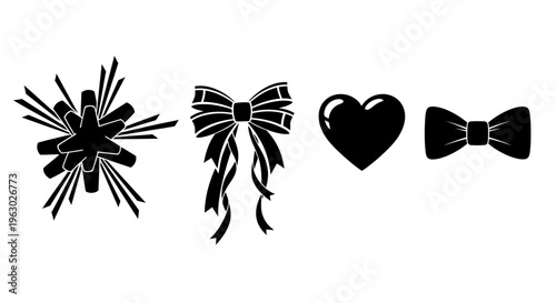 Collection of Black Bows and Heart Shapes.