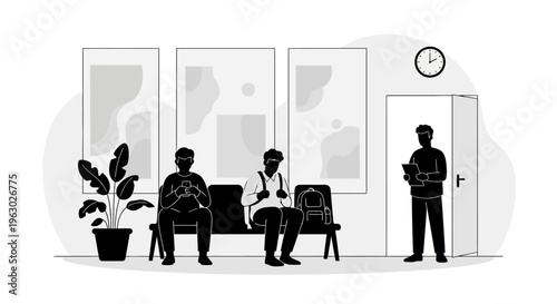 People waiting in a waiting room looking at their phones.