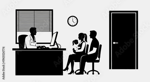 Doctor consulting with a family in a medical office.