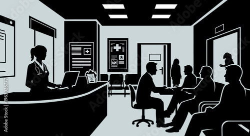 People waiting in a doctors office reception area.