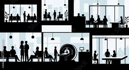 Silhouettes of people in a modern medical clinic waiting room and examination area.