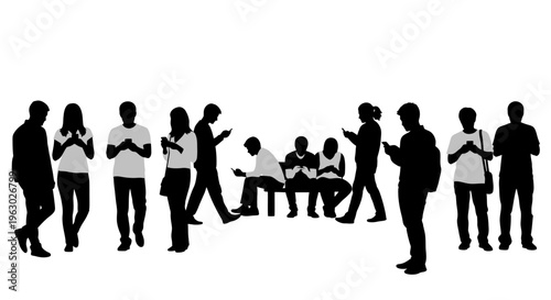 Silhouettes of people engrossed in their smartphones.