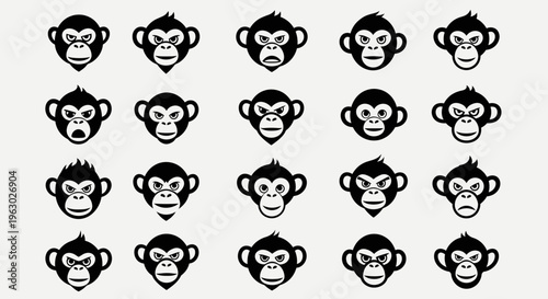 Collection of Diverse Monkey Face Emoticons and Expressions.