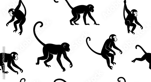 Seamless Pattern of Silhouettes of Playful Monkeys Swinging and Climbing.