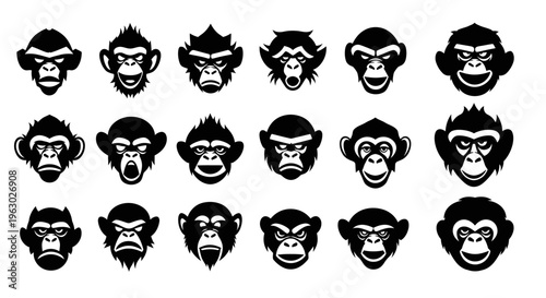 Collection of Diverse Monkey Face Silhouettes for Graphic Design.