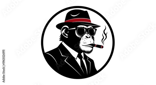 Sophisticated Monkey Wearing Suit Hat and Sunglasses Smoking Cigar.