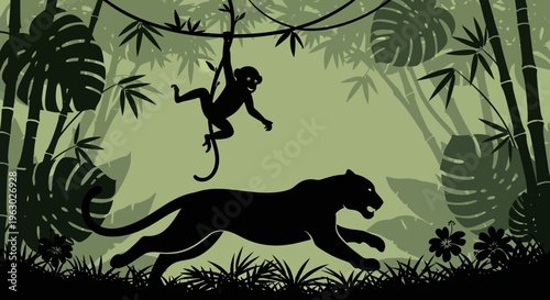 Silhouette of a Panther and Monkey in a Jungle.
