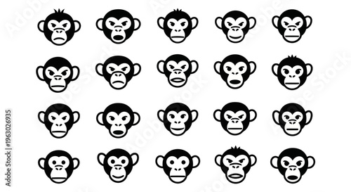 Collection of Diverse Monkey Faces Expressing Various Emotions.