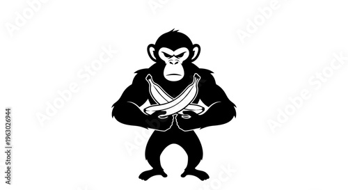 Strong Muscular Monkey Holding Bananas Illustration.