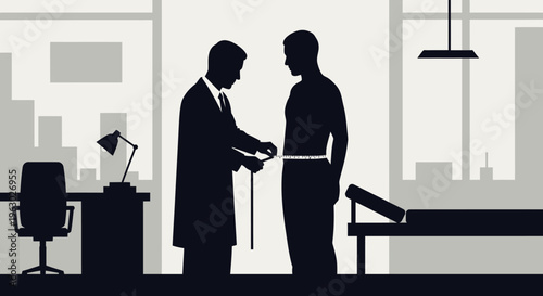 Doctor measuring patient waistline in medical office silhouette.