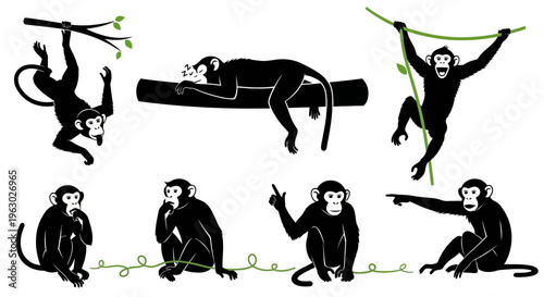 Collection of Diverse Monkey Silhouettes in Various Poses.